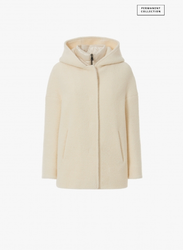 Short white wool parka with detachable nylon bib