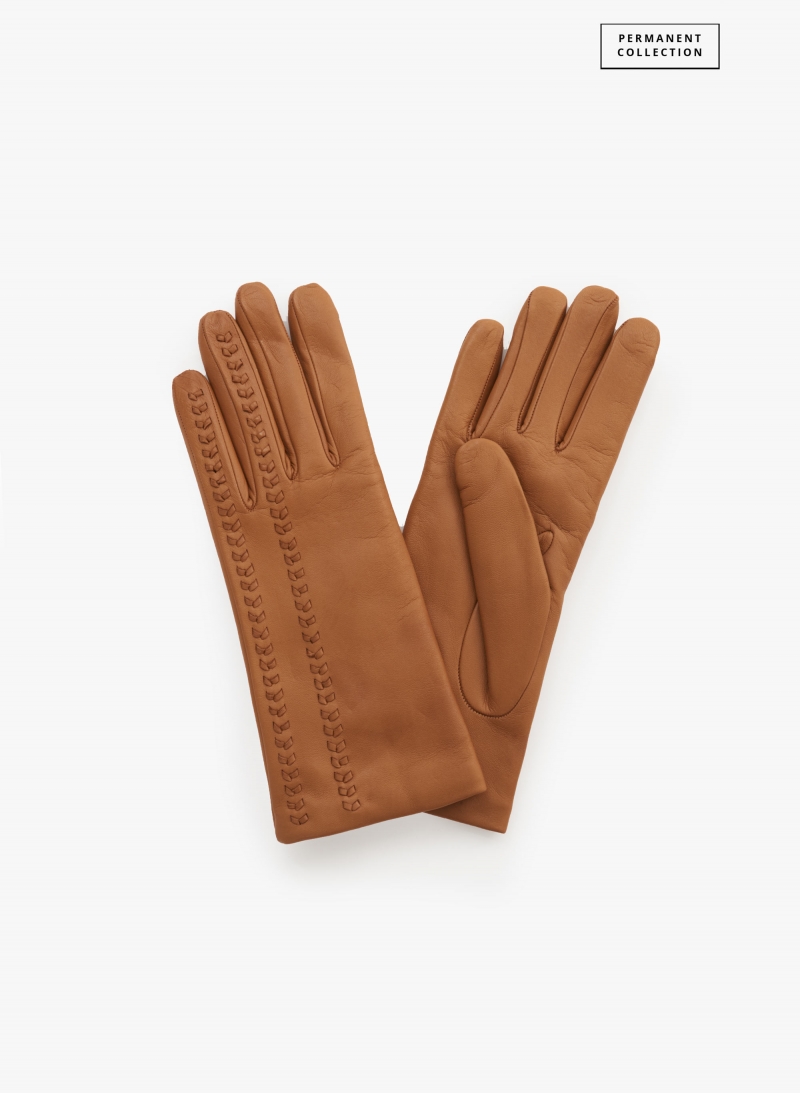 Camel nappa leather gloves with top embroidery