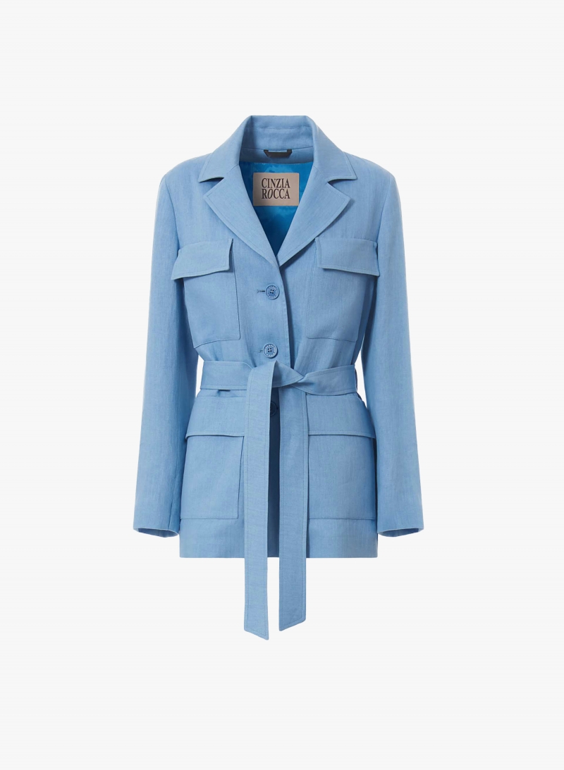 Safari-Jacke mit Gürtel aus Leinen in Hellblau