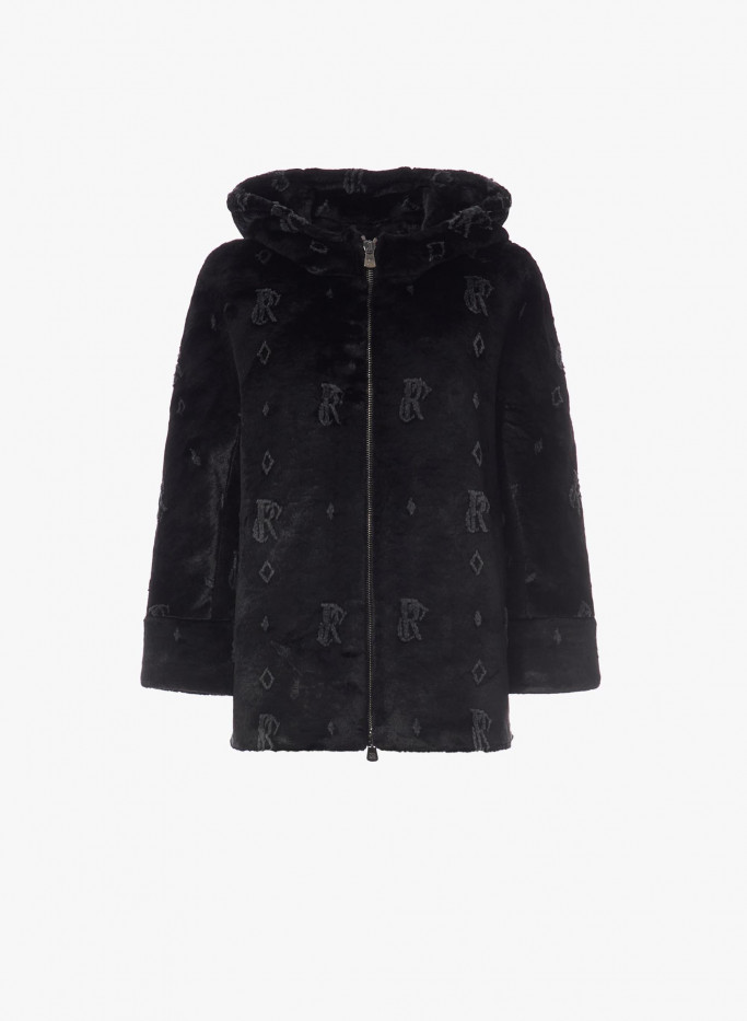 Black jacket in eco fur with monogram