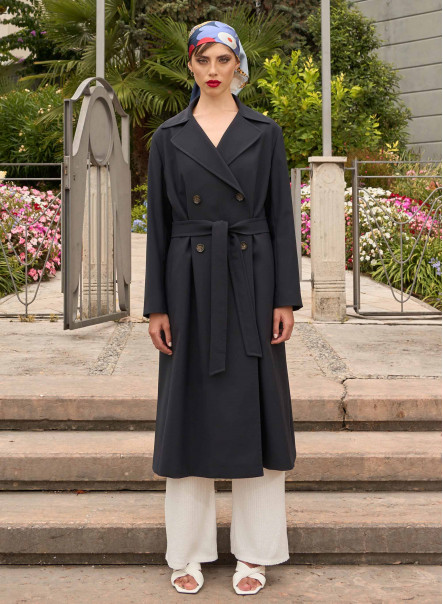 Maxi double breasted blue trench coat in rainproof technical fabric