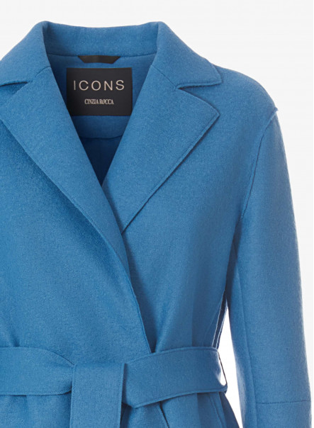 Belted sky blue boiled wool overcoat