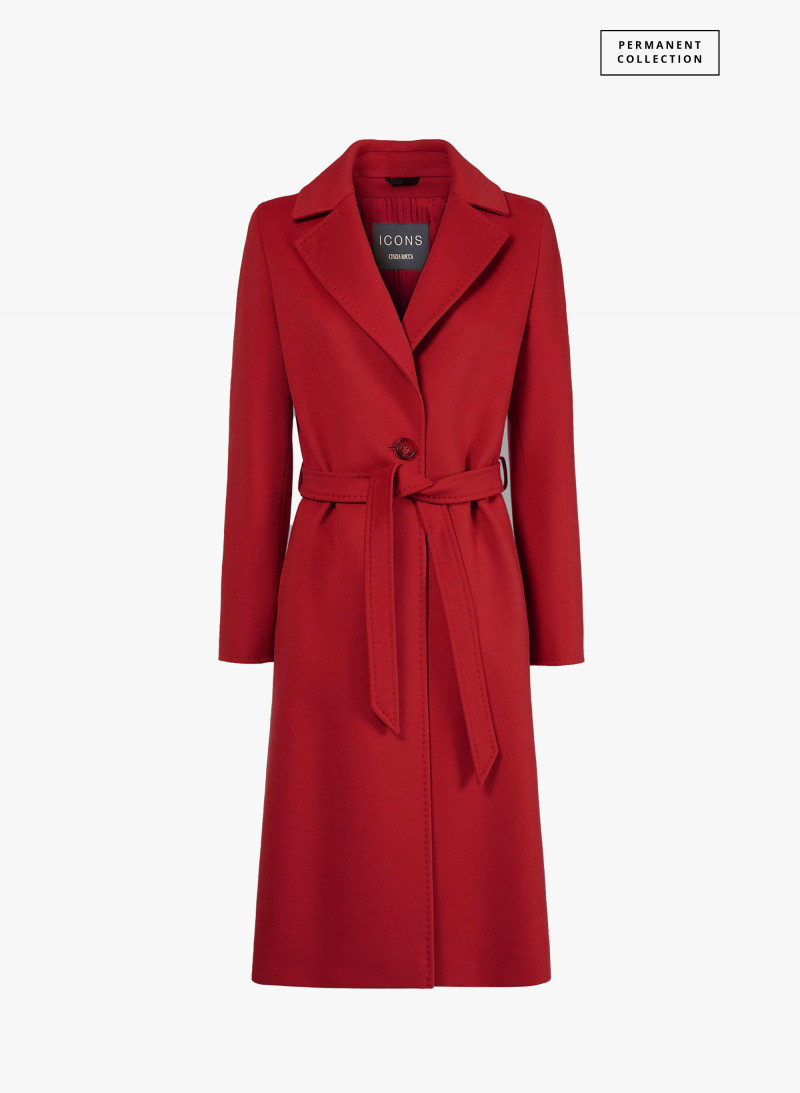 Belted fitted red pure wool coat