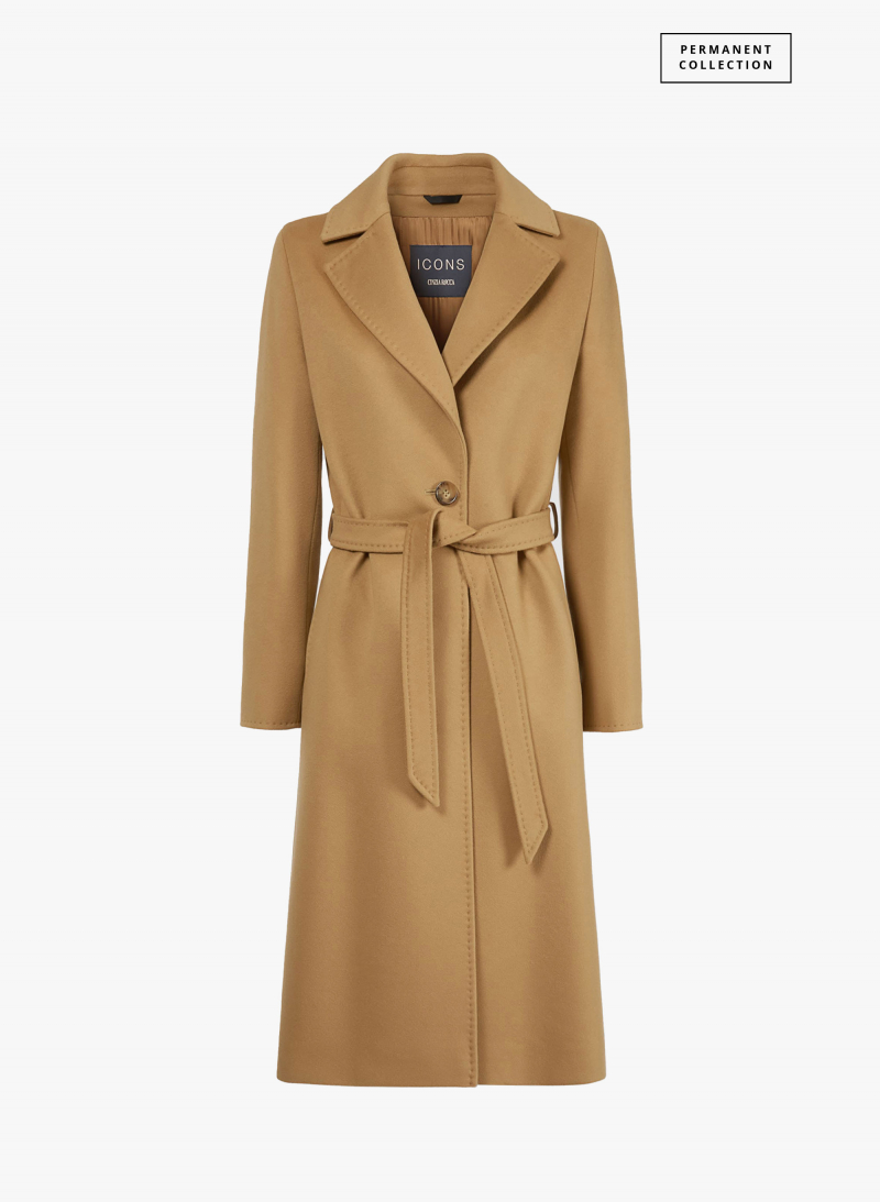 Taillierter Gürtelmantel aus reiner Wolle in Camel