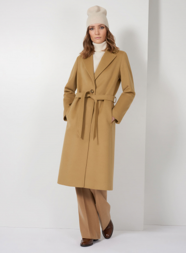 Taillierter Gürtelmantel aus reiner Wolle in Camel