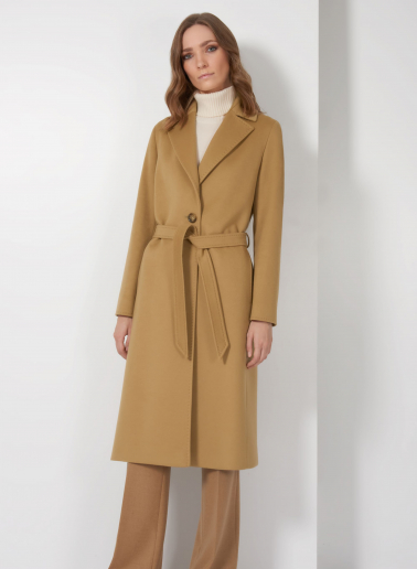 Belted fitted camel pure wool coat