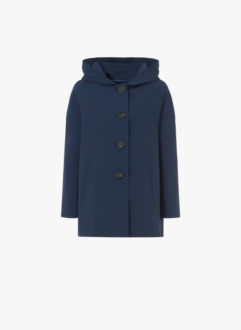 Hooded marine blue jacket in rainproof technical fabric