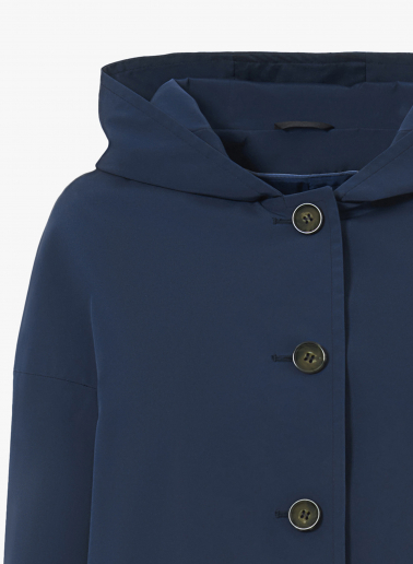 Hooded marine blue jacket in rainproof technical fabric