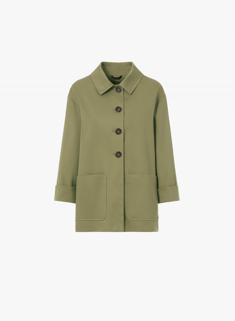 Khaky cotton jacket with high collar and patch pockets