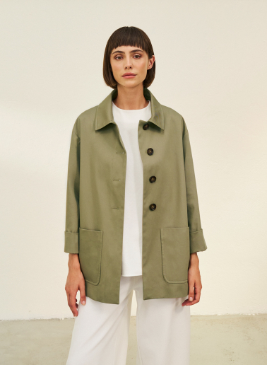 Khaky cotton jacket with high collar and patch pockets