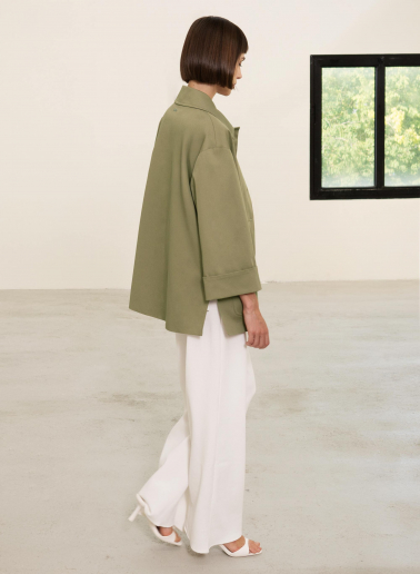 Khaky cotton jacket with high collar and patch pockets