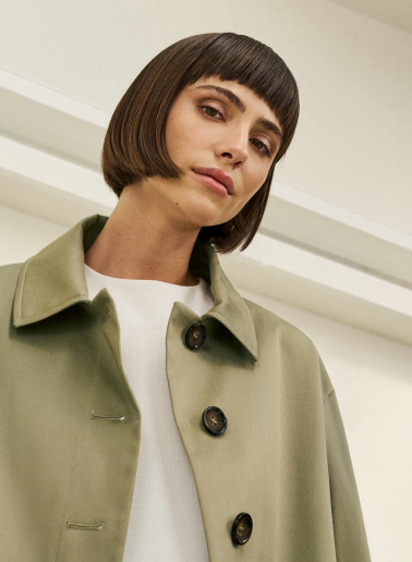 Khaky cotton jacket with high collar and patch pockets