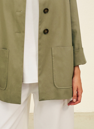 Khaky cotton jacket with high collar and patch pockets