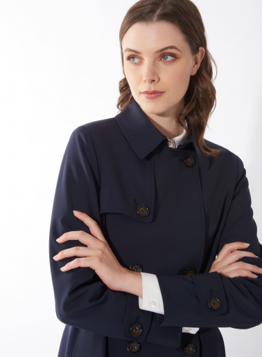 Double breasted blue trench coat in technical fabric
