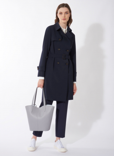 Double breasted blue trench coat in technical fabric
