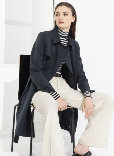 Double breasted blue trench coat in technical fabric