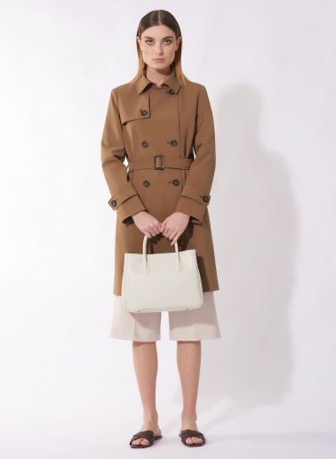 Double breasted tobacco color trench coat in technical fabric