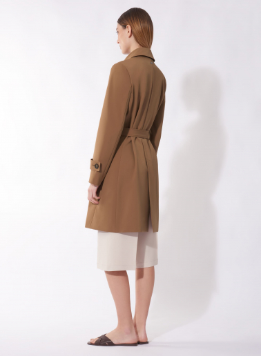 Double breasted tobacco color trench coat in technical fabric