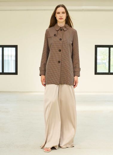 Brown overcoat in micro check pattern