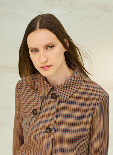 Brown overcoat in micro check pattern