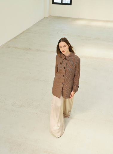 Brown overcoat in micro check pattern