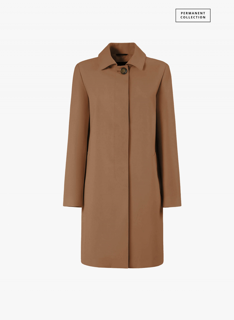 Tobacco color overcoat with shirt collar in technical fabric