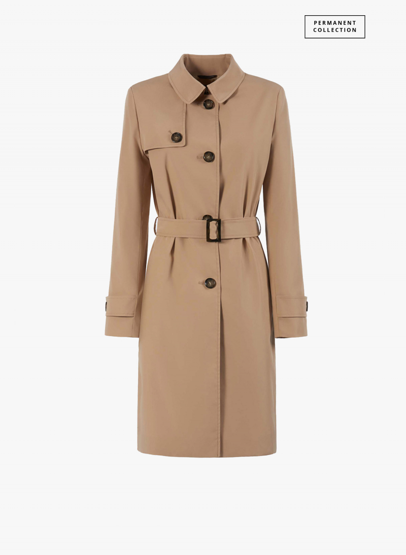 Rainproof tech taffeta camel trench coat