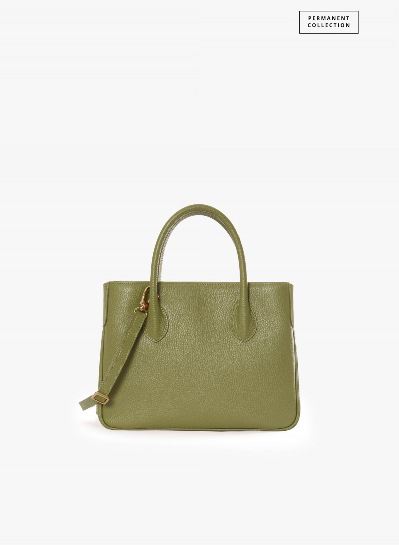 Small military green Tote bag in genuine leather