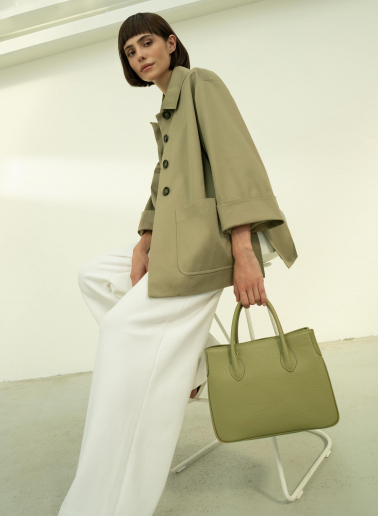 Small military green Tote bag in genuine leather