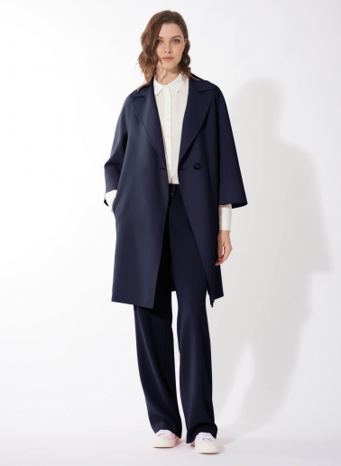 Cappotto un petto e mezzo blu in lana comfort