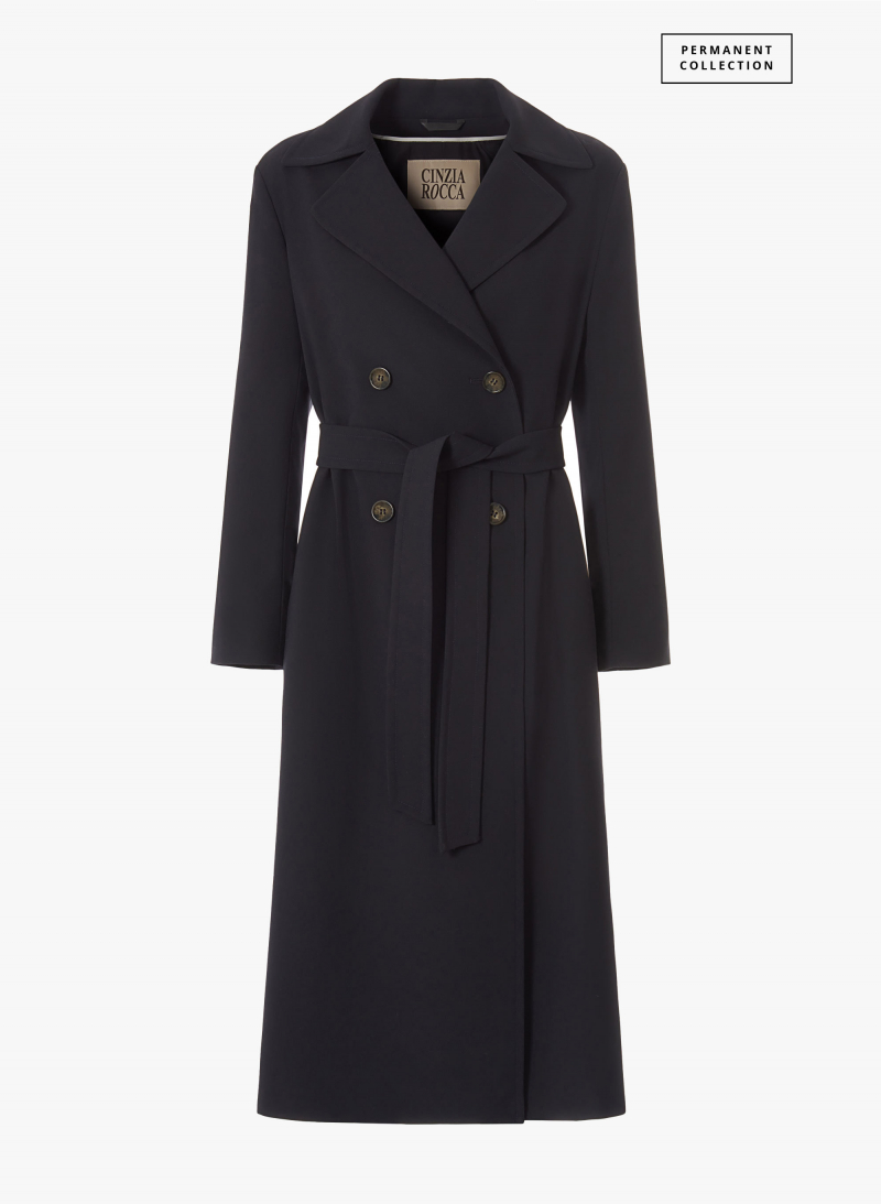 Maxi trench doppio petto blu in tessuto tecnico antigoccia