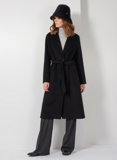 Cappotto nero con cintura in puro cashmere linea aderente