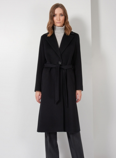 Cappotto nero con cintura in puro cashmere linea aderente