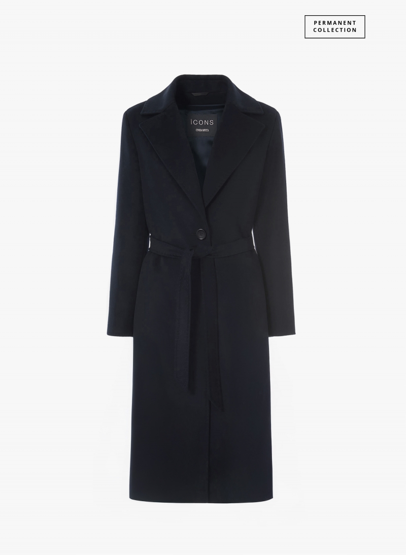 Cappotto blu con cintura in puro cashmere linea aderente
