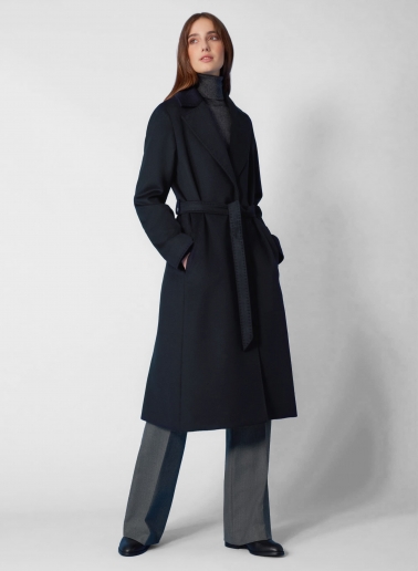 Cappotto blu con cintura in puro cashmere linea aderente