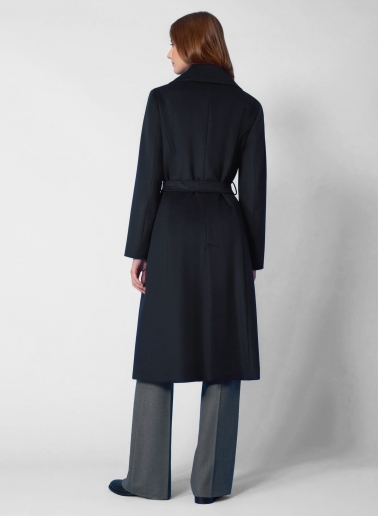 Cappotto blu con cintura in puro cashmere linea aderente