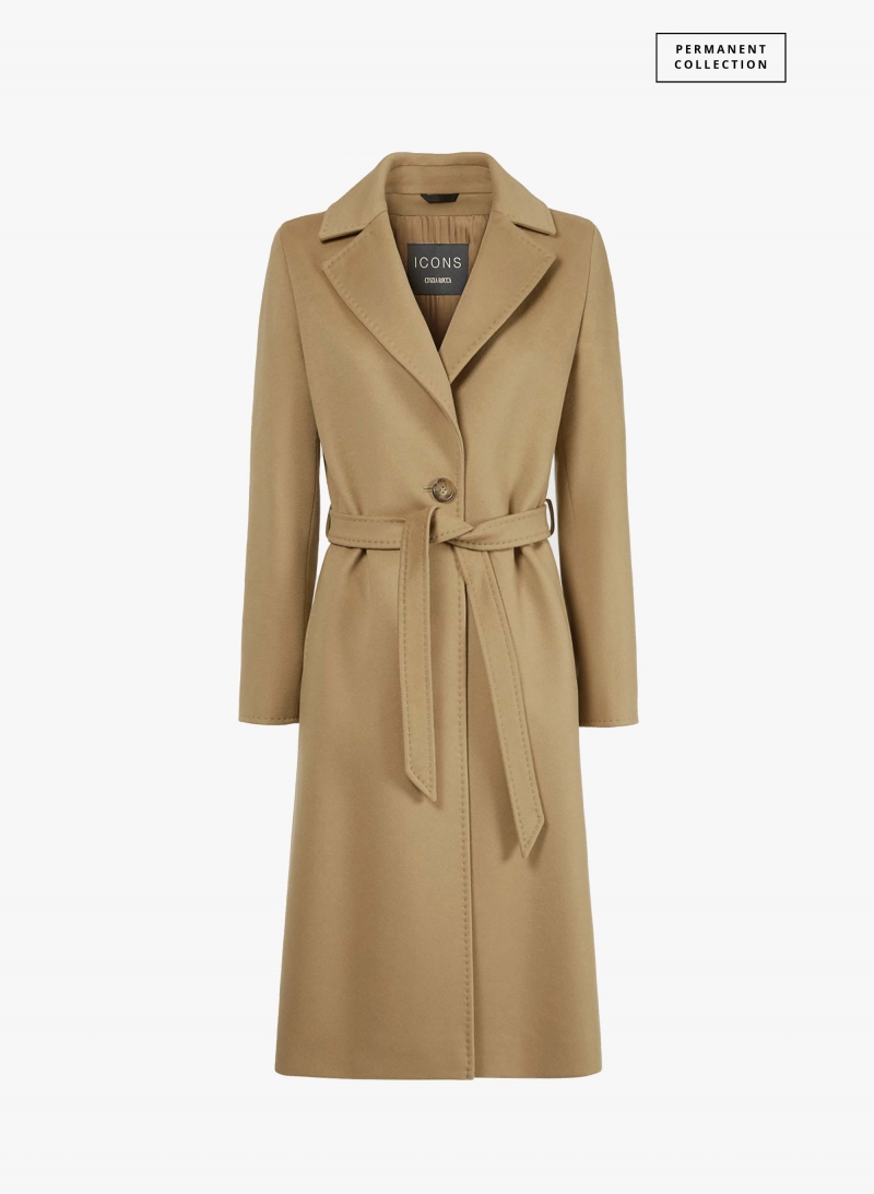 Cappotto cammello con cintura in puro cashmere linea aderente