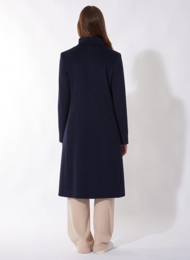 Cappotto blu in puro cashmere con collo alto