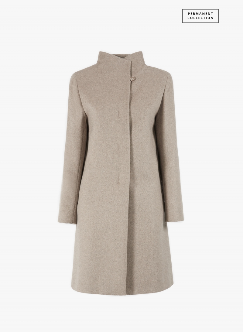 Cappotto beige scuro svasato in puro cashmere con collo alto