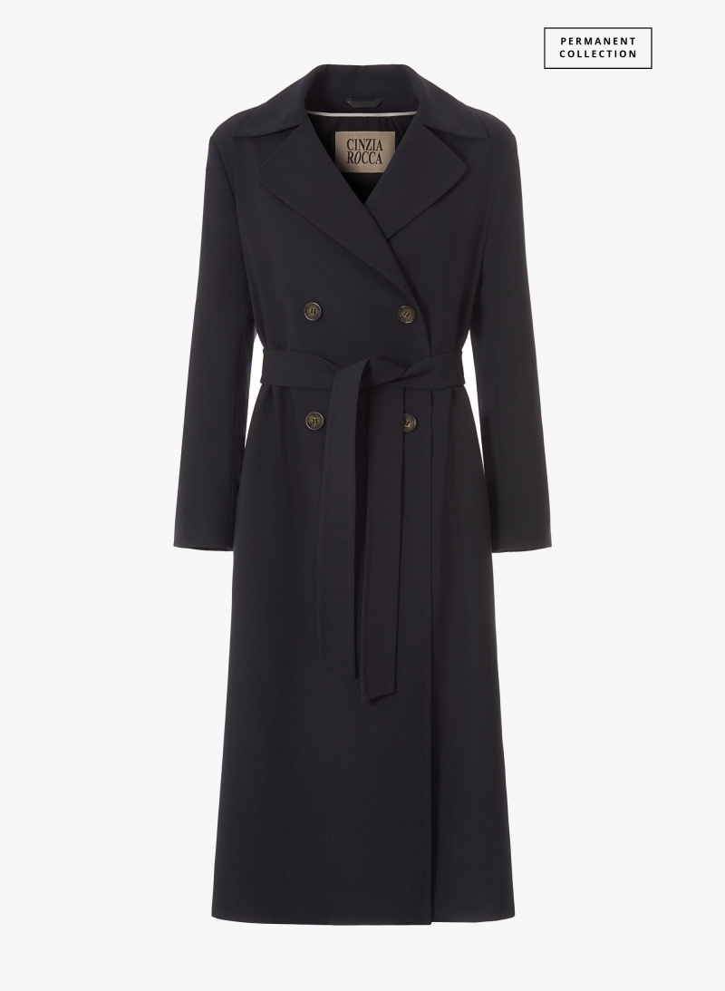 Maxi trench doppio petto blu in tessuto tecnico antigoccia