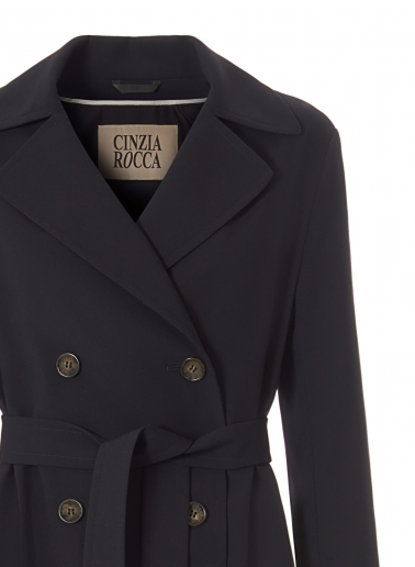 Maxi trench doppio petto blu in tessuto tecnico antigoccia