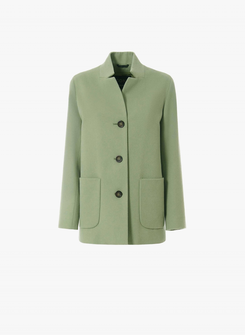 Giacca verde militare in pura lana con collo a rever rovesciato