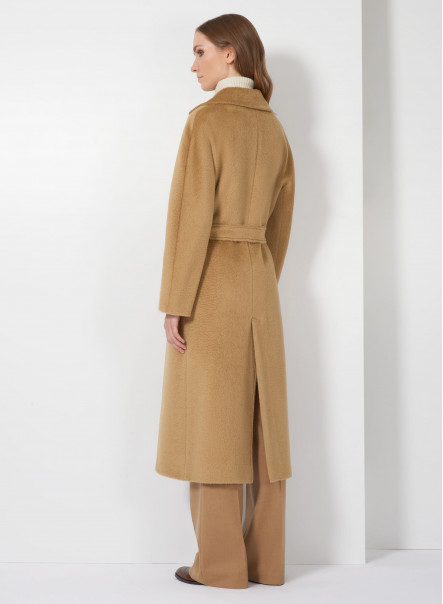 Cappotto lungo a vestaglia cammello con cintura in alpaca e lana