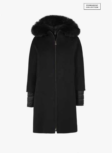 Parka in lana nero con dettagli in nylon e cappuccio