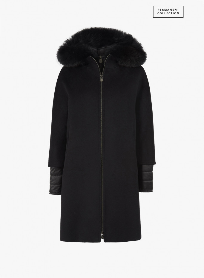 Parka in lana nero con dettagli in nylon e cappuccio