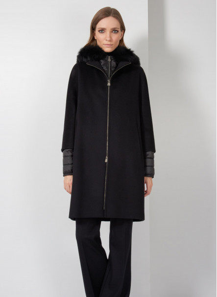 Parka in lana nero con dettagli in nylon e cappuccio