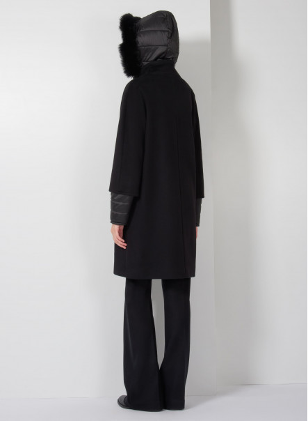 Parka in lana nero con dettagli in nylon e cappuccio