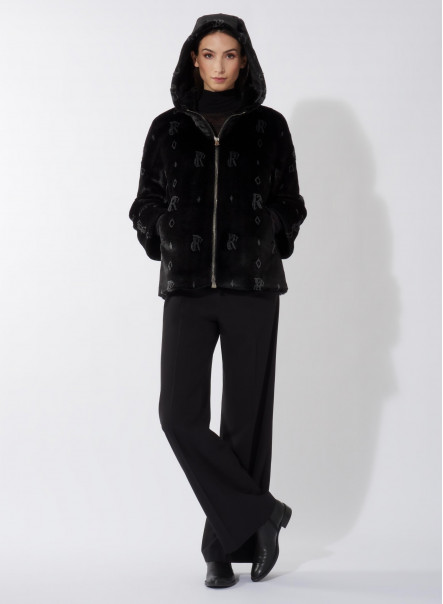 Black jacket in eco fur with monogram