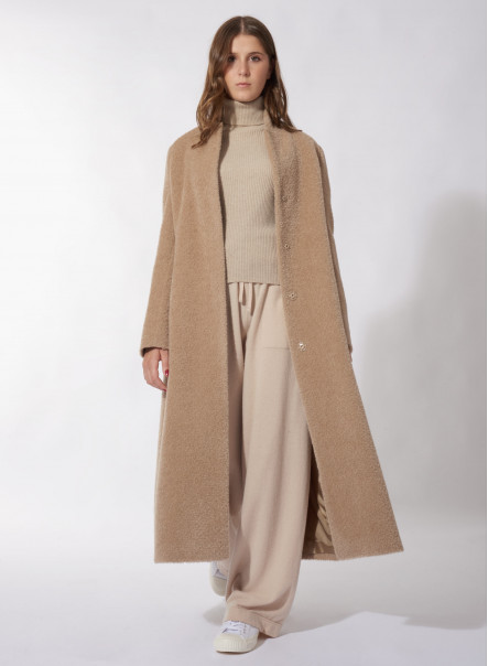 Cappotto lungo cammello chiaro in lana e alpaca con collo a revers rovesciato