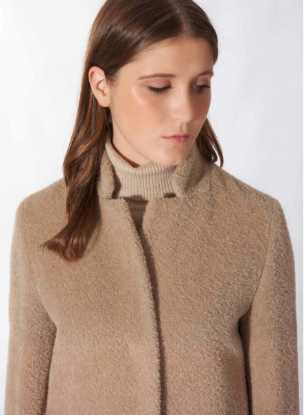 Long light camel wool and alpaca coat with inverted notch collar